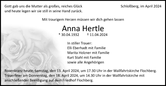 Traueranzeige von Anna Hertle von Schwäbische Post