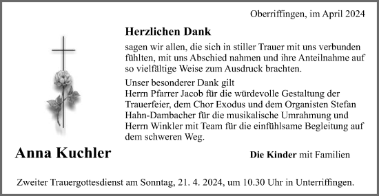 Traueranzeige von Anna Kuchler von Schwäbische Post
