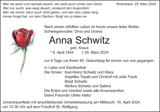 Traueranzeige von Anna Schwitz