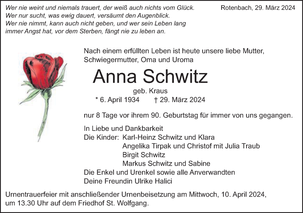  Traueranzeige für Anna Schwitz vom 05.04.2024 aus Schwäbische Post