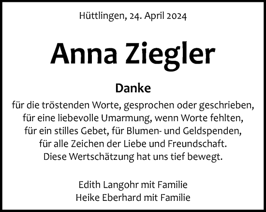 Traueranzeige von Anna Ziegler von Schwäbische Post