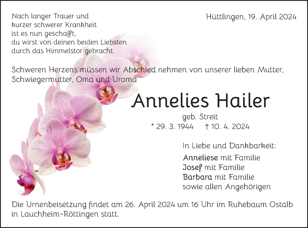  Traueranzeige für Annelies Hailer vom 19.04.2024 aus Schwäbische Post