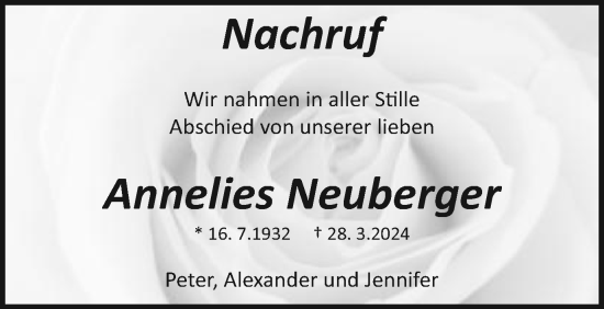 Traueranzeige von Annelies Neuberger von Schwäbische Post