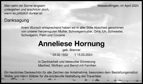 Traueranzeige von Anneliese Hornung von Schwäbische Post