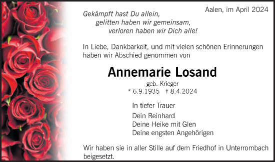 Traueranzeige von Annemarie Losand von Schwäbische Post