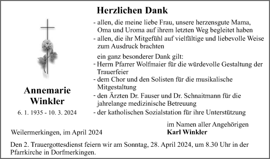 Traueranzeige von Annemarie Winkler von Schwäbische Post