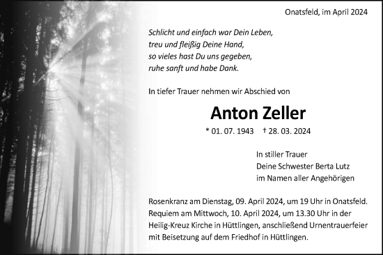 Traueranzeige von Anton Zeller von Schwäbische Post