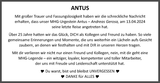 Traueranzeige von Antus-Andreas Gerosa von Gmünder Tagespost