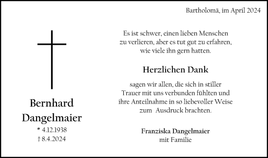 Traueranzeige von Bernhard Dangelmaier von Gmünder Tagespost