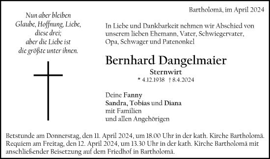 Traueranzeige von Bernhard Dangelmaier von Gmünder Tagespost