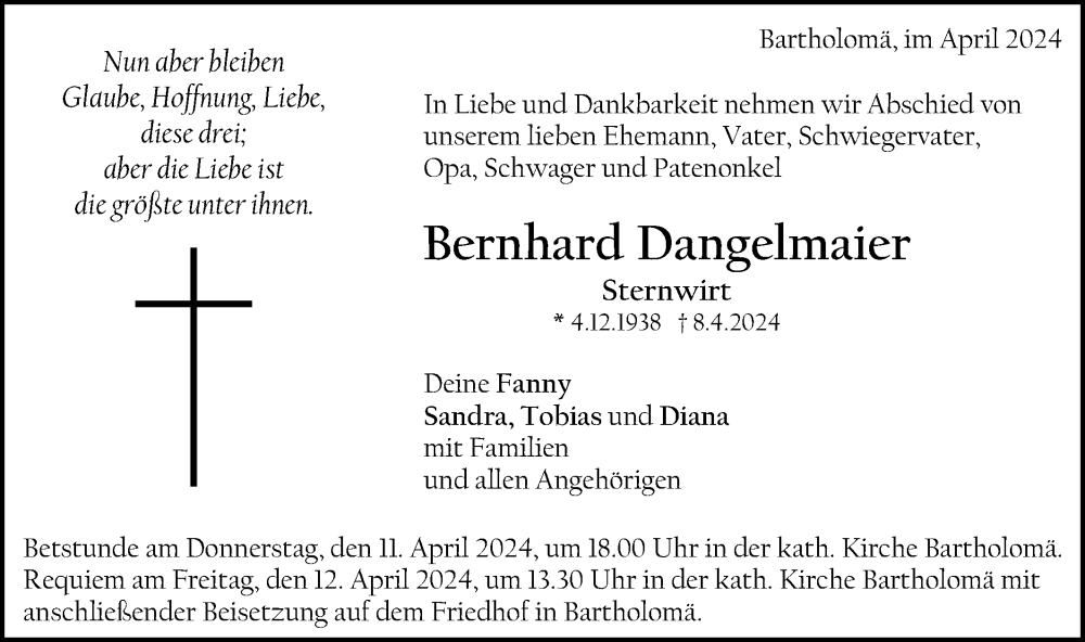  Traueranzeige für Bernhard Dangelmaier vom 10.04.2024 aus Gmünder Tagespost
