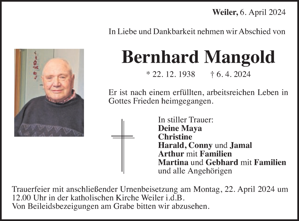  Traueranzeige für Bernhard Mangold vom 19.04.2024 aus Gmünder Tagespost