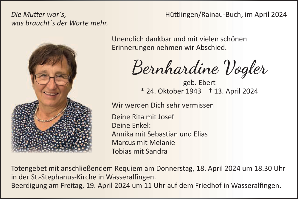  Traueranzeige für Bernhardine Vogler vom 17.04.2024 aus Schwäbische Post