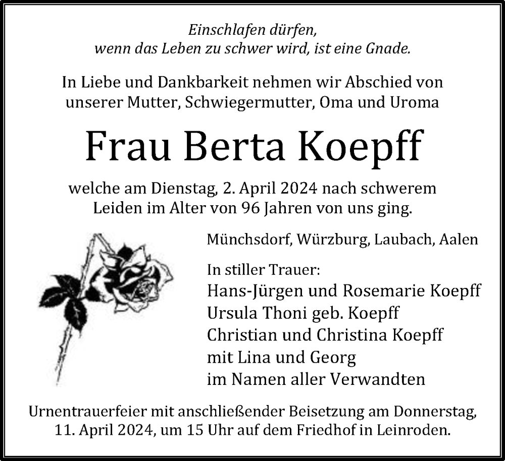 Traueranzeige für Berta Koepff vom 08.04.2024 aus Schwäbische Post