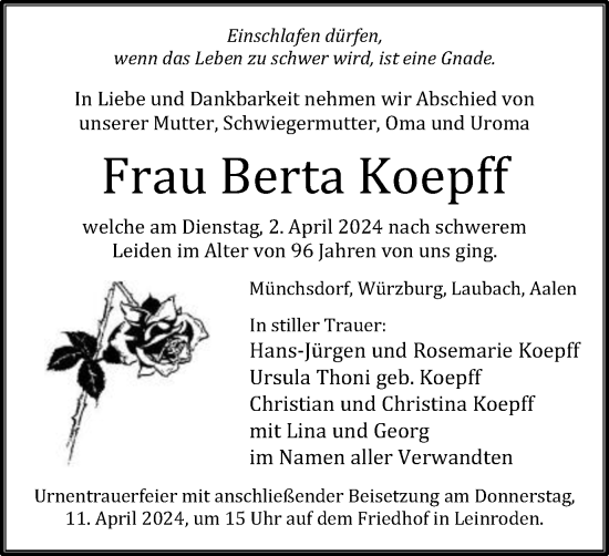 Traueranzeige von Berta Koepff von Schwäbische Post