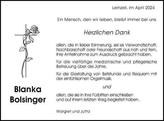 Traueranzeige von Blanka Bolsinger von Gmünder Tagespost