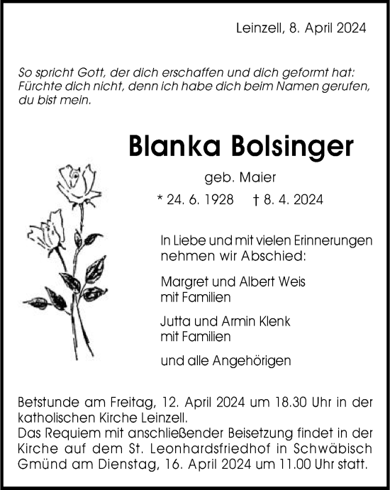 Traueranzeige von Blanka Bolsinger von Gmünder Tagespost