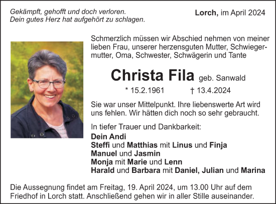 Traueranzeige von Christa Fila von Gmünder Tagespost