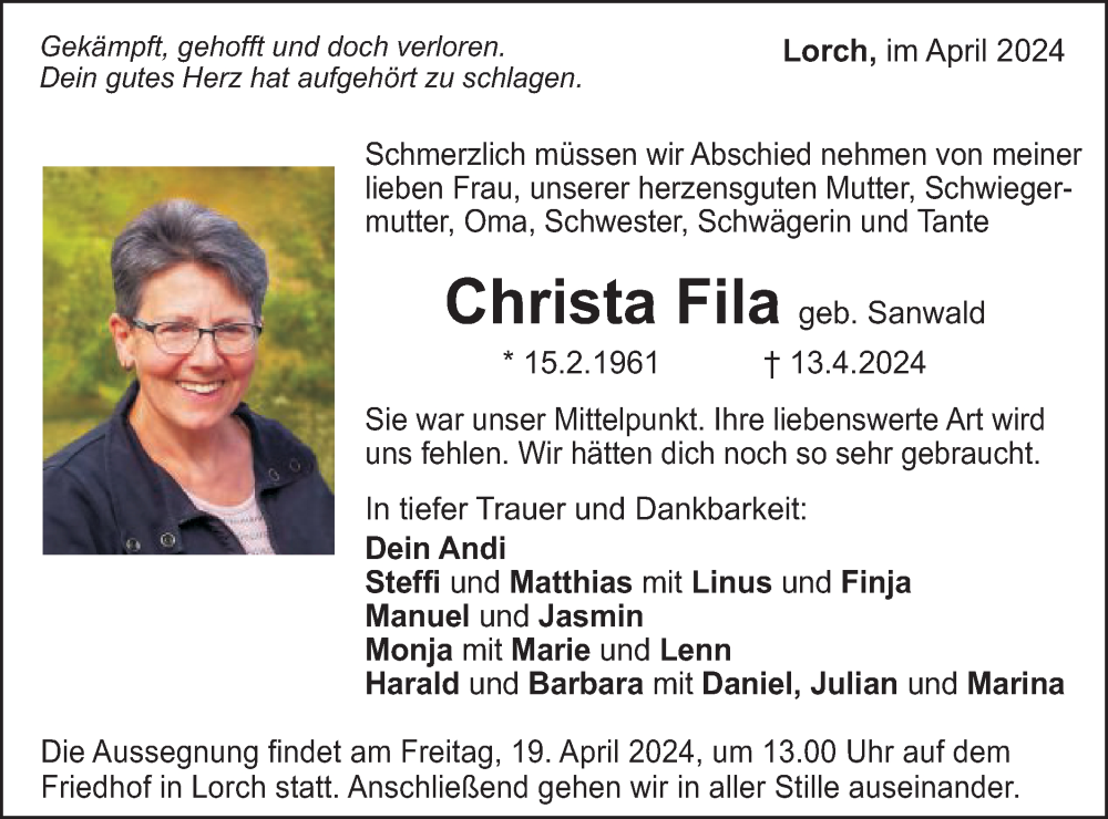  Traueranzeige für Christa Fila vom 17.04.2024 aus Gmünder Tagespost