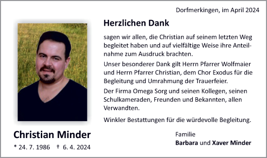 Traueranzeige von Christian Minder von Schwäbische Post