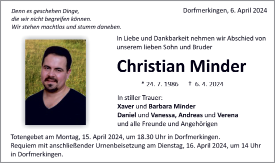 Traueranzeige von Christian Minder von Schwäbische Post