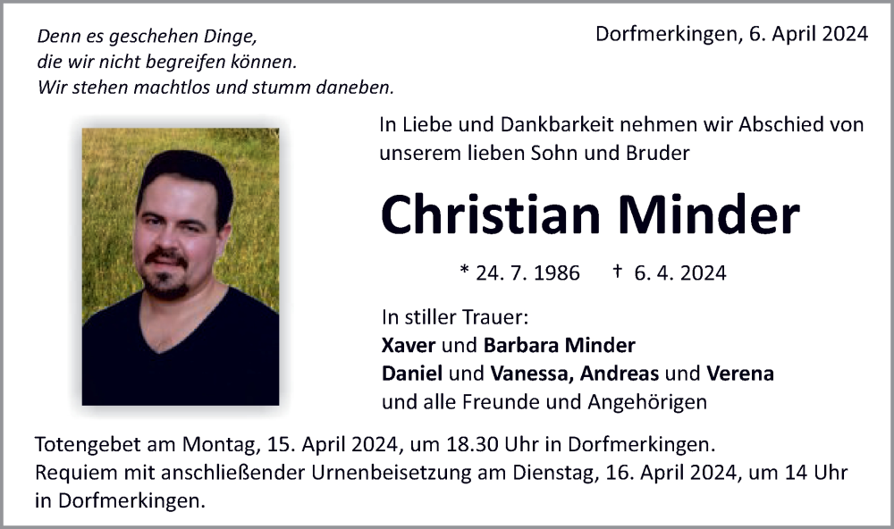  Traueranzeige für Christian Minder vom 11.04.2024 aus Schwäbische Post