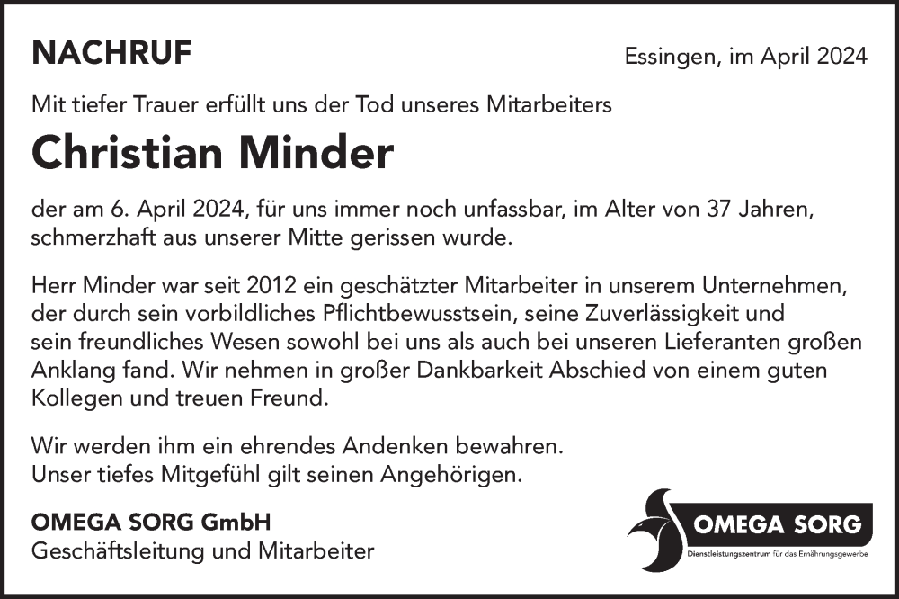  Traueranzeige für Christian Minder vom 12.04.2024 aus Schwäbische Post