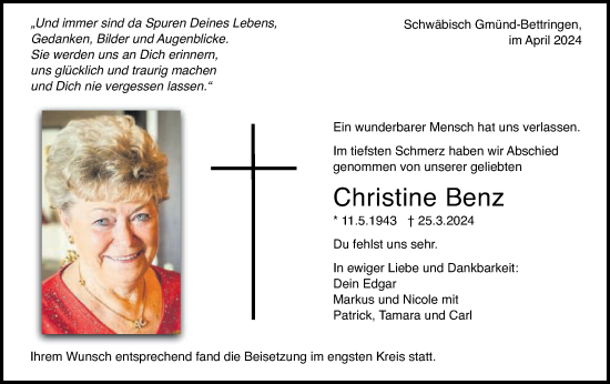 Traueranzeige von Christine Benz von Gmünder Tagespost