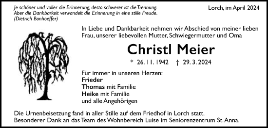 Traueranzeige von Christl Meier von Gmünder Tagespost