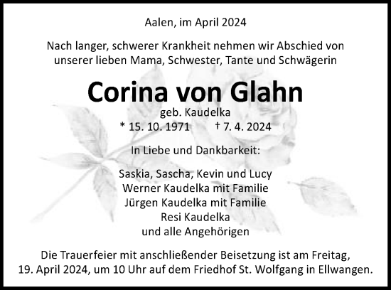 Traueranzeige von Corina von Glahn von Schwäbische Post