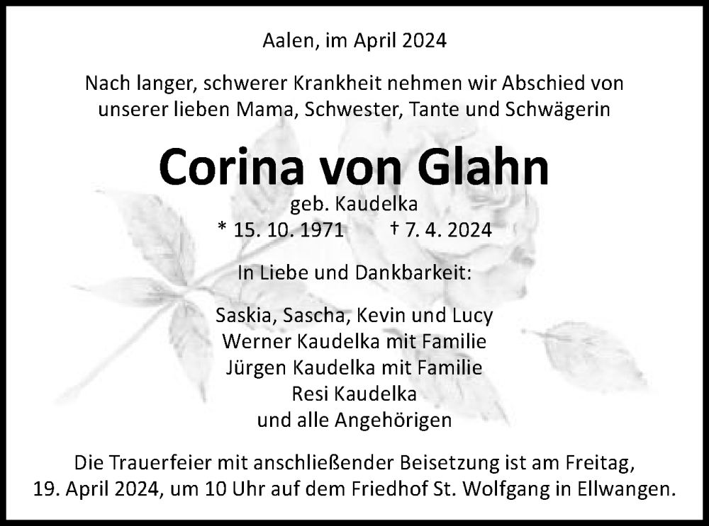  Traueranzeige für Corina von Glahn vom 13.04.2024 aus Schwäbische Post