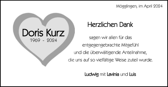 Traueranzeige von Doris Kurz von Gmünder Tagespost