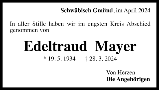 Traueranzeige von Edeltraud Mayer