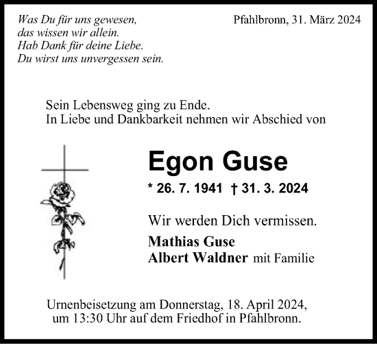 Traueranzeige von Egon Guse von Gmünder Tagespost