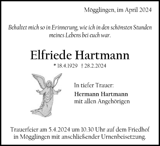 Traueranzeige von Elfriede Hartmann von Gmünder Tagespost