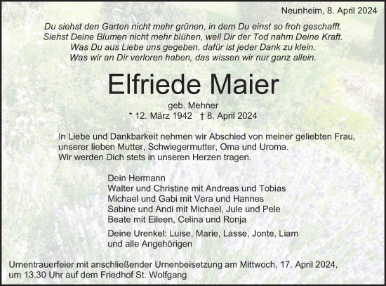 Traueranzeige von Elfriede Maier