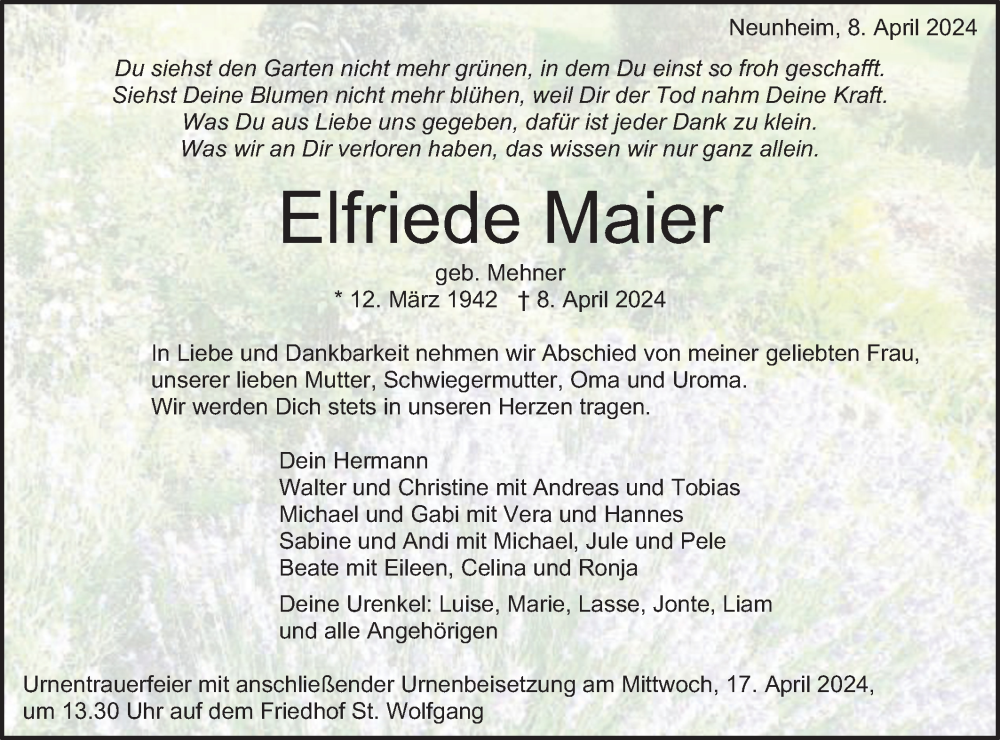  Traueranzeige für Elfriede Maier vom 13.04.2024 aus Schwäbische Post
