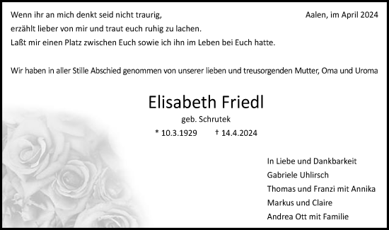 Traueranzeige von Elisabeth Friedl von Schwäbische Post