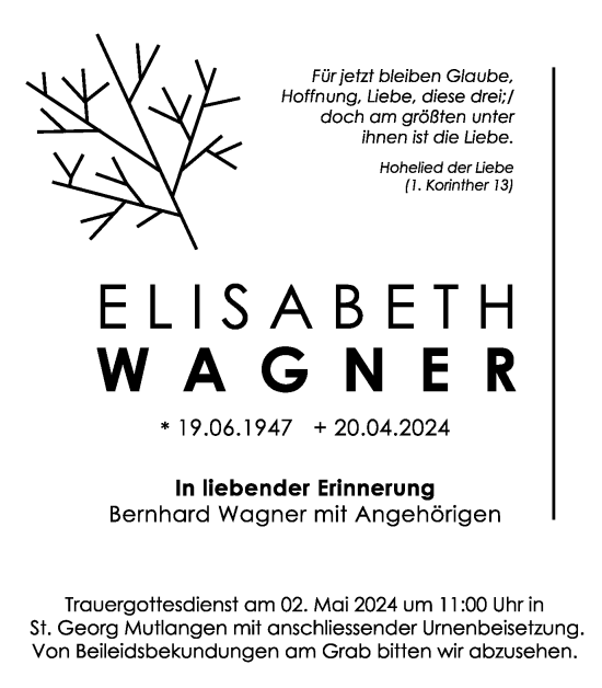 Traueranzeige von Elisabeth Wagner von Gmünder Tagespost