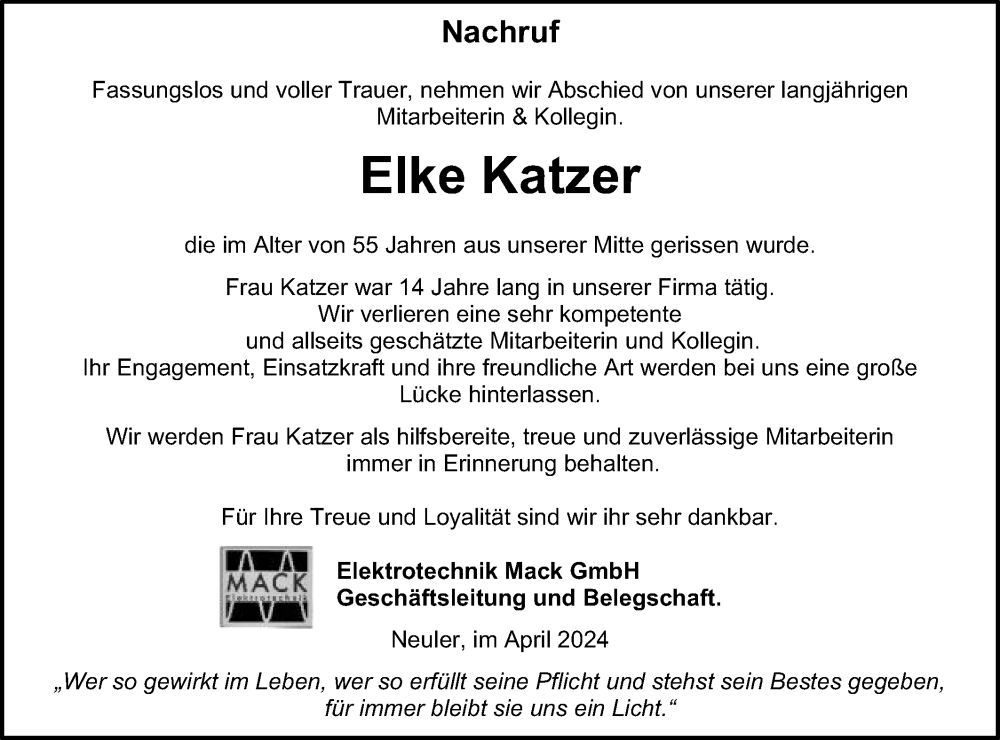  Traueranzeige für Elke Katzer vom 17.04.2024 aus Schwäbische Post