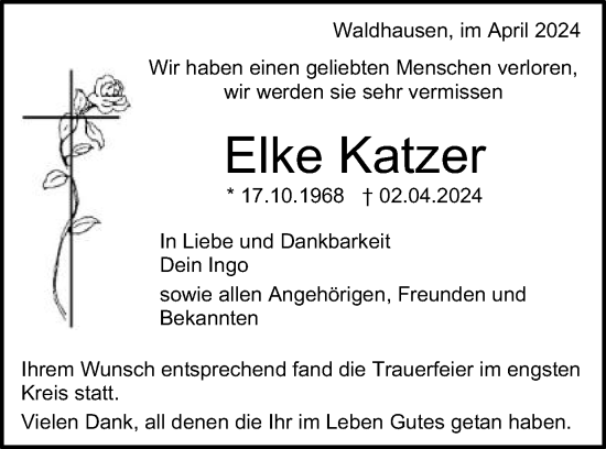 Traueranzeige von Elke Katzer von Schwäbische Post