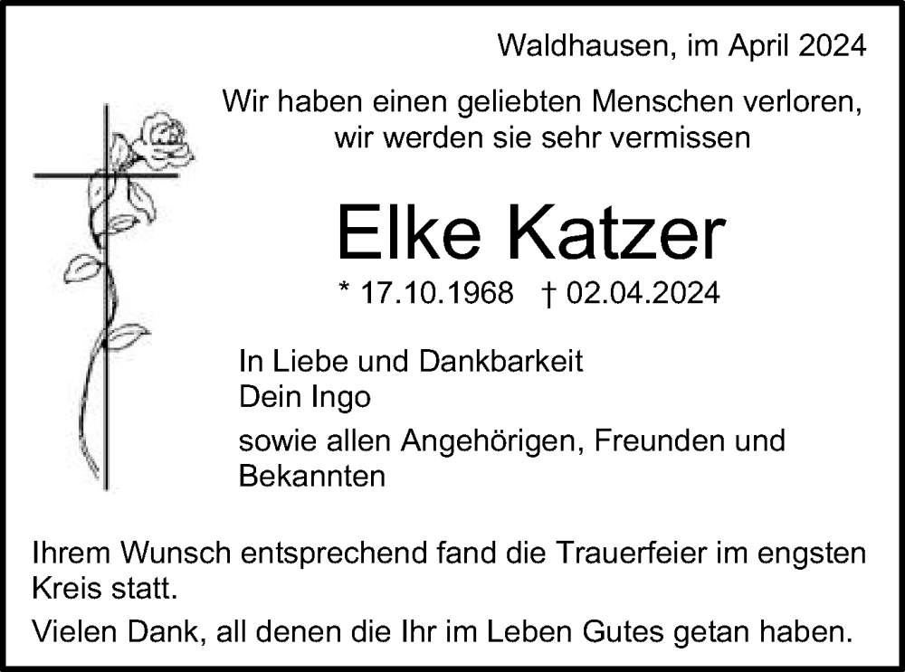  Traueranzeige für Elke Katzer vom 17.04.2024 aus Schwäbische Post