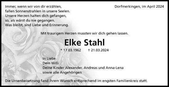 Traueranzeige von Elke Stahl von Schwäbische Post