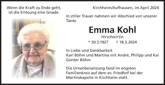 Traueranzeige von Emma Kohl von Schwäbische Post