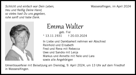 Traueranzeige von Emma Walter von Schwäbische Post
