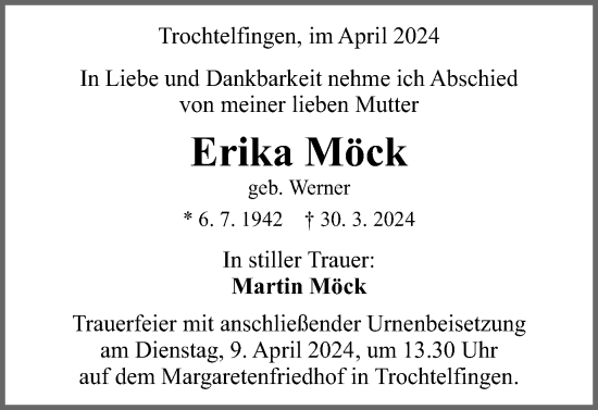 Traueranzeige von Erika Möck von Schwäbische Post