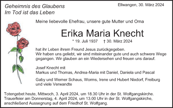 Traueranzeige von Erika Maria Knecht