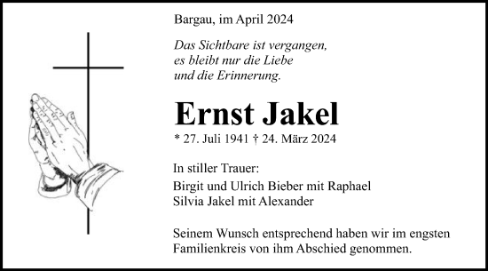 Traueranzeige von Ernst Jakel von Gmünder Tagespost