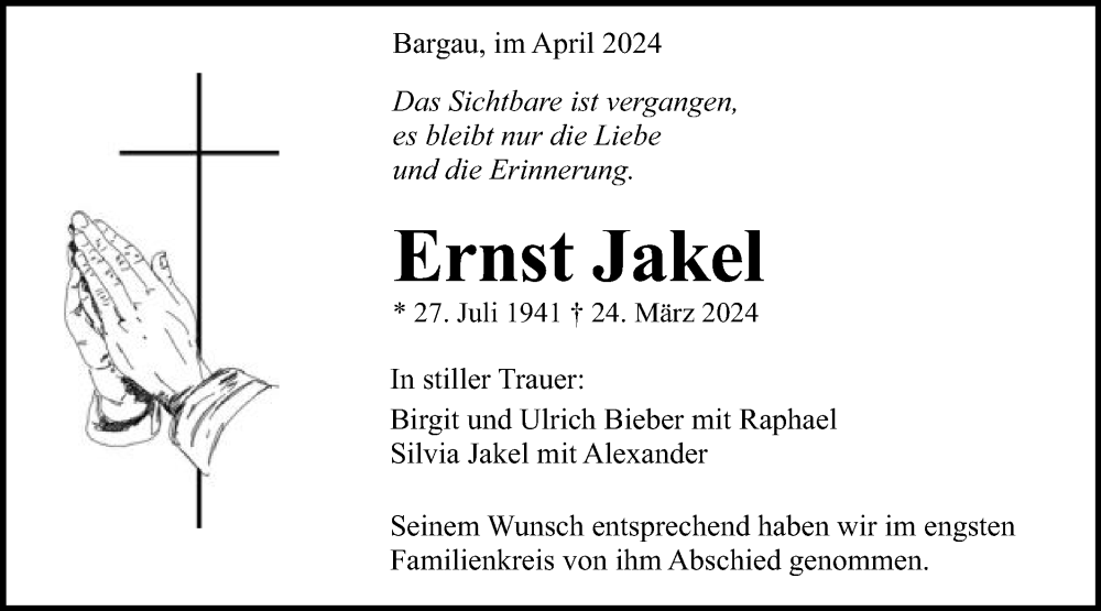  Traueranzeige für Ernst Jakel vom 10.04.2024 aus Gmünder Tagespost