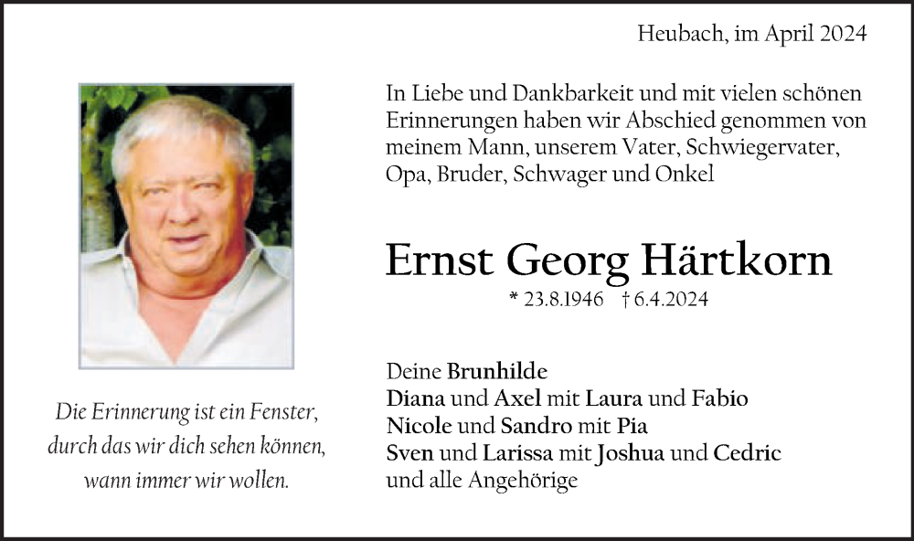  Traueranzeige für Ernst Georg Härtkorn vom 18.04.2024 aus Gmünder Tagespost